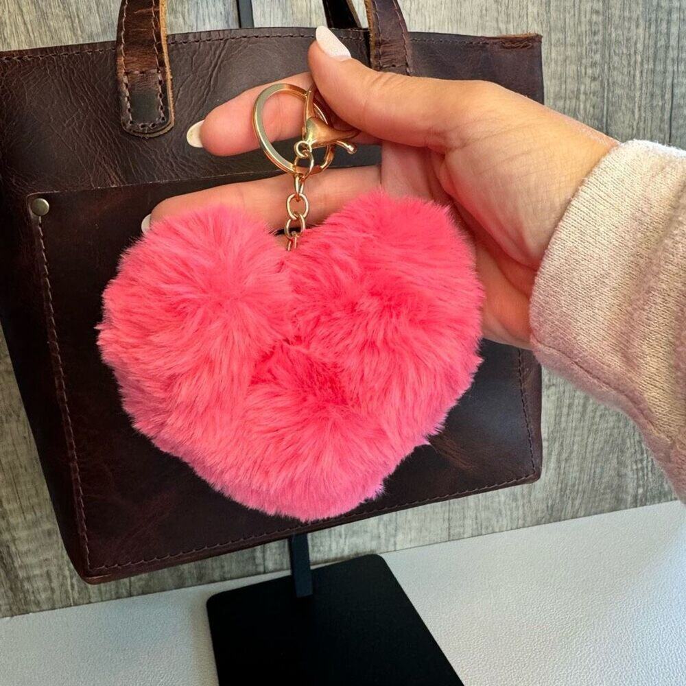 Fuzzy Pink Heart Charm FAST SHIP Pink Keychain Bag Charm